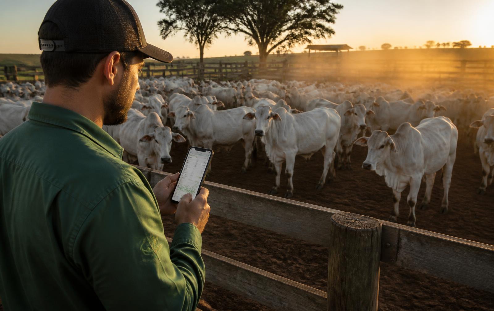 Gestor rural consultando informações da propriedade no celular em frente ao curral